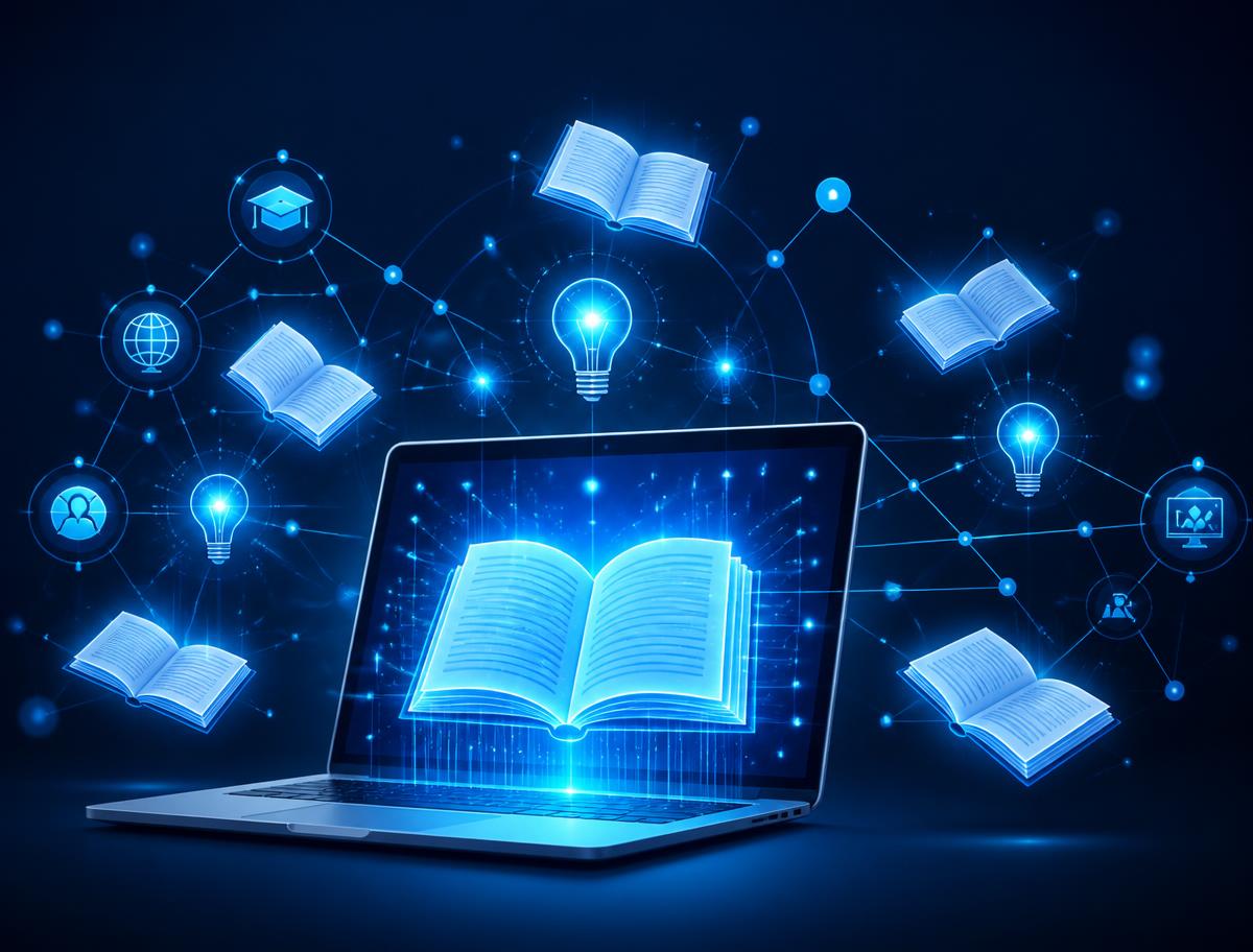 Ilustração de e-learning com livros digitais e laptop
