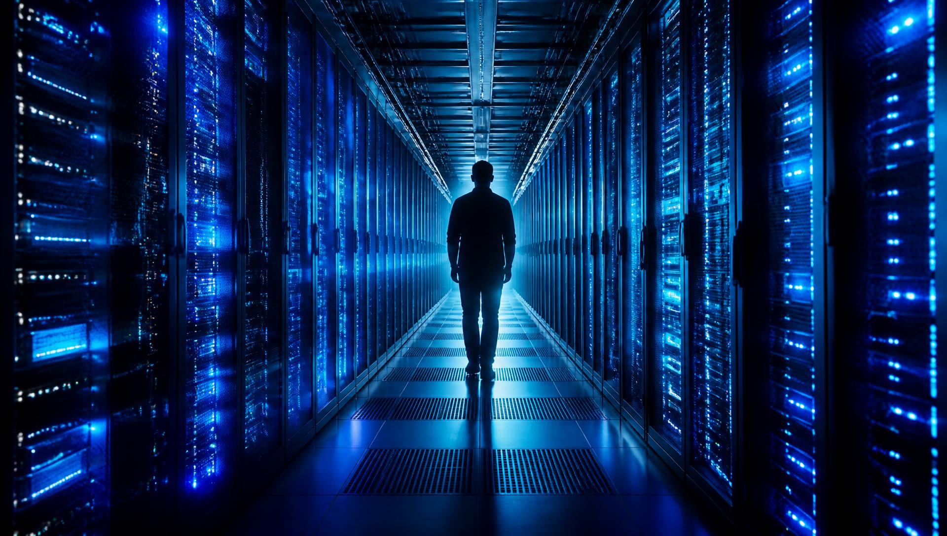 Corredor de data center iluminado a azul com técnico da Telnep